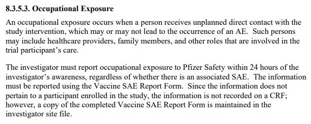 screenshot - occupation exposure warning for Pfizer Covid vaccine during clinical trial