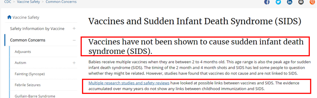 Image of CDC website - Vaccines do not cause SIDS