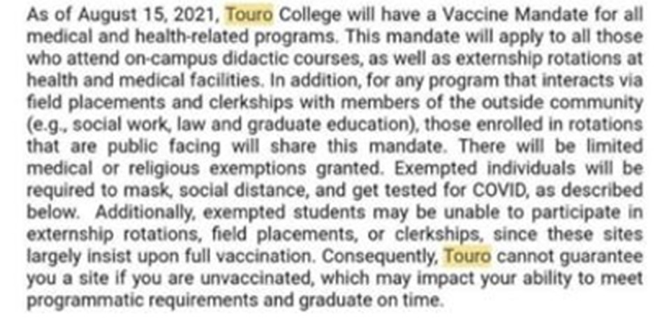 Image of Touro college covid vaccine policy