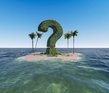 Photo of small island with question mark topiary