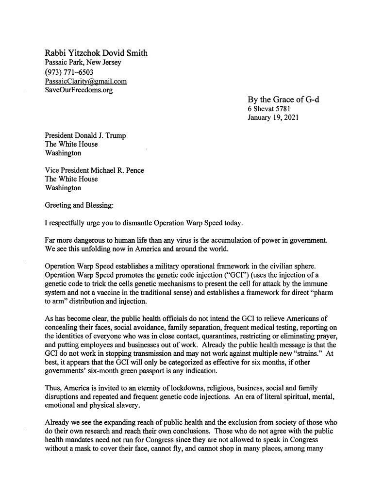 Rabbi Smiths letter to Trump page 1