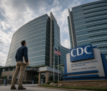 a man holding a folder looking up at the towering CDC headquarters buildings and campus sign