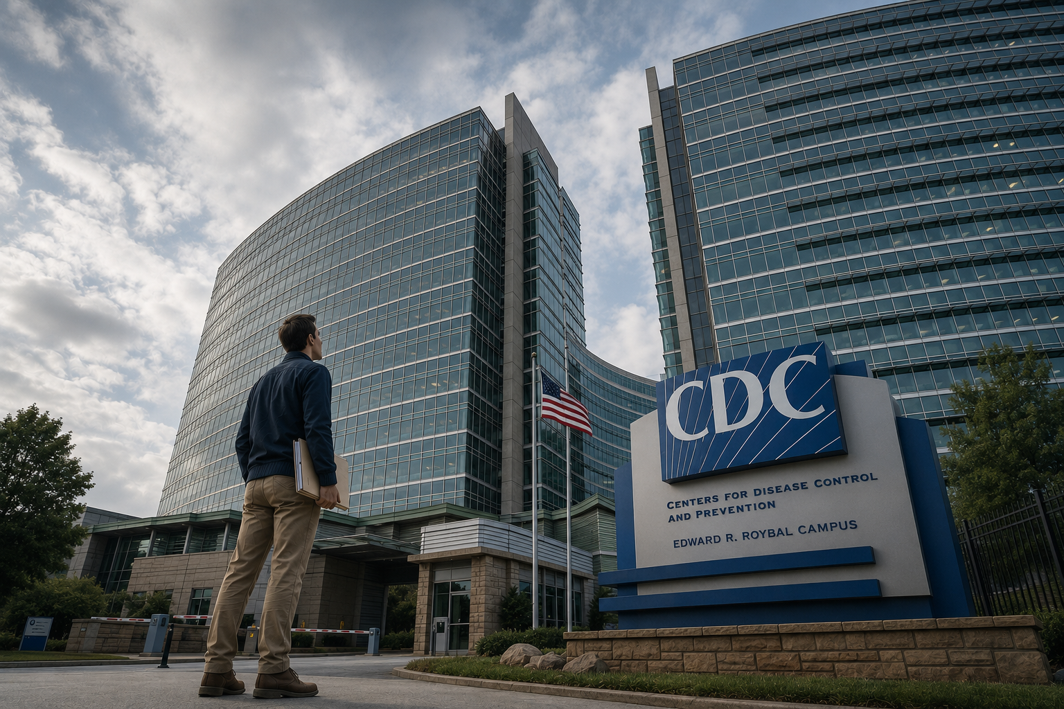 a man holding a folder looking up at the towering CDC headquarters buildings and campus sign